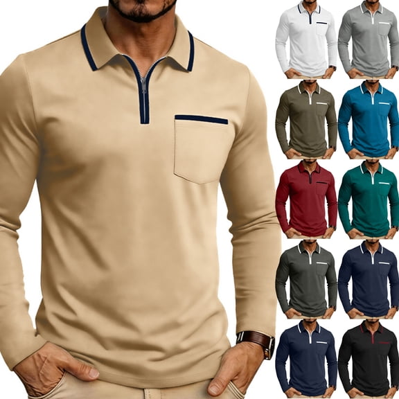Men's Polo Shirts Zip Long Sleeve Classic T-Shirts Casual Golf Shirts Stylish Collared Tee, L