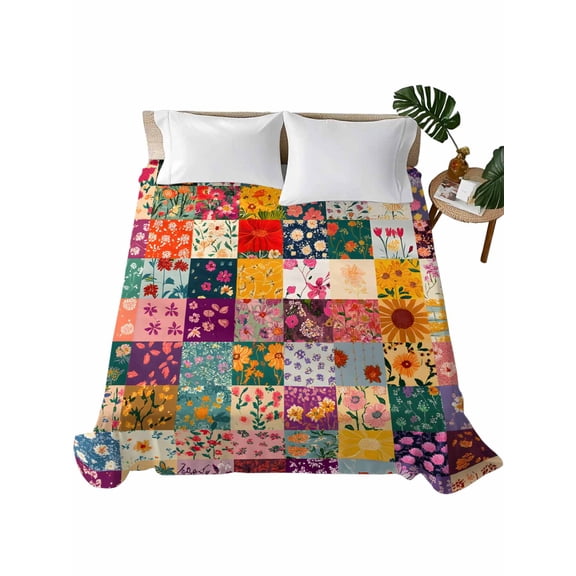 Queen Flat Sheet 90"x102", Spring Floral Soft Lightweight Bedding Flat Sheets Only, Vintage Plaid Summer Botanical Colorful Brushed Microfiber Top Bed Sheet, Breathable StainResistant Bedsheets