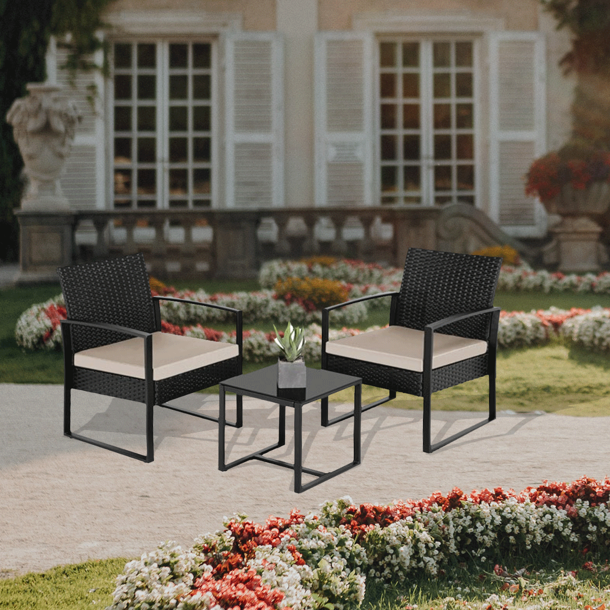 3 Pieces Patio Set, Set of 2 Patio Wicker Rattan Chairs w/Rectangular