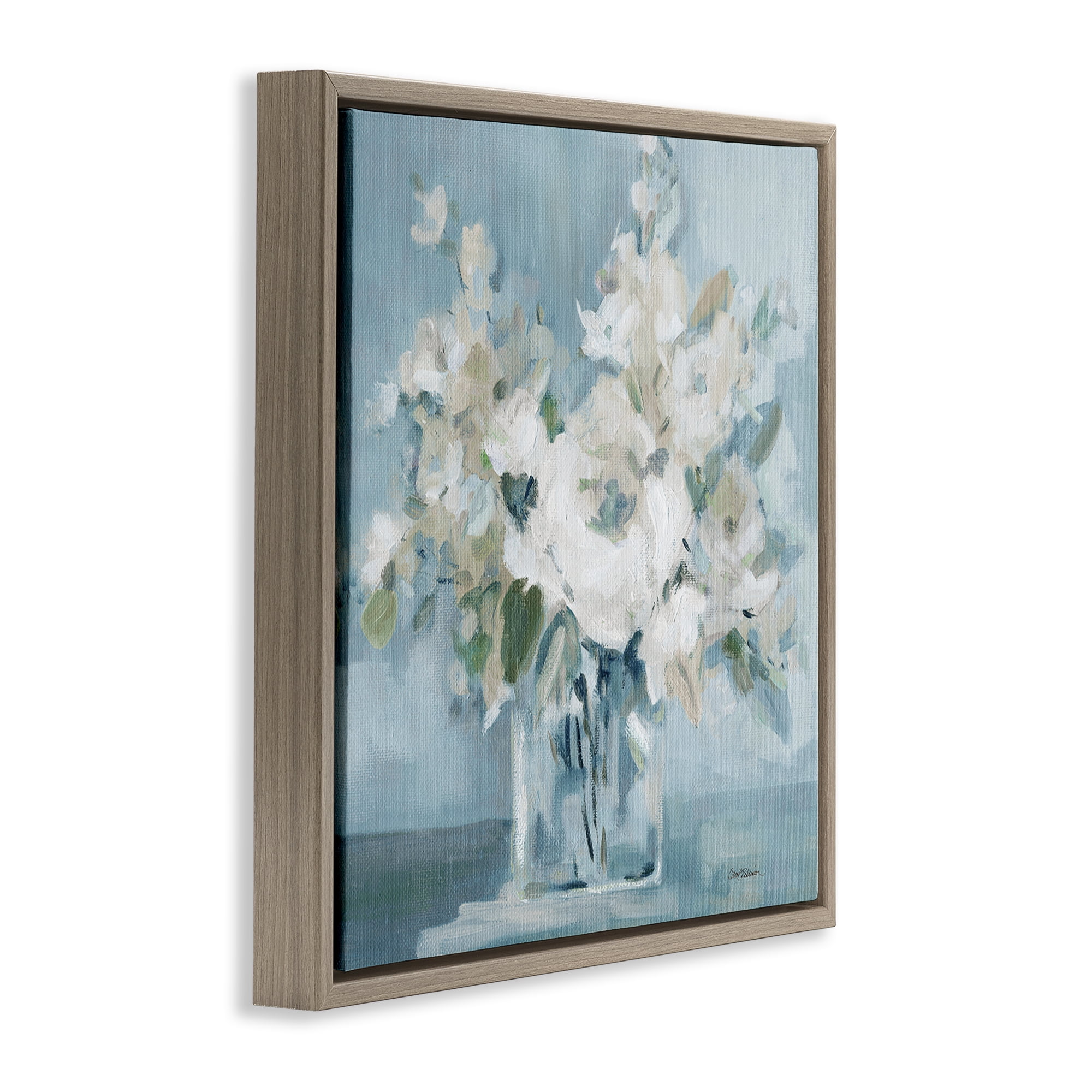 Stupell Industries Soft White Blossoms Vase Plants & Flowers Painting Brown Floater Framed Canvas Art Print Wall Art, 18 x 18