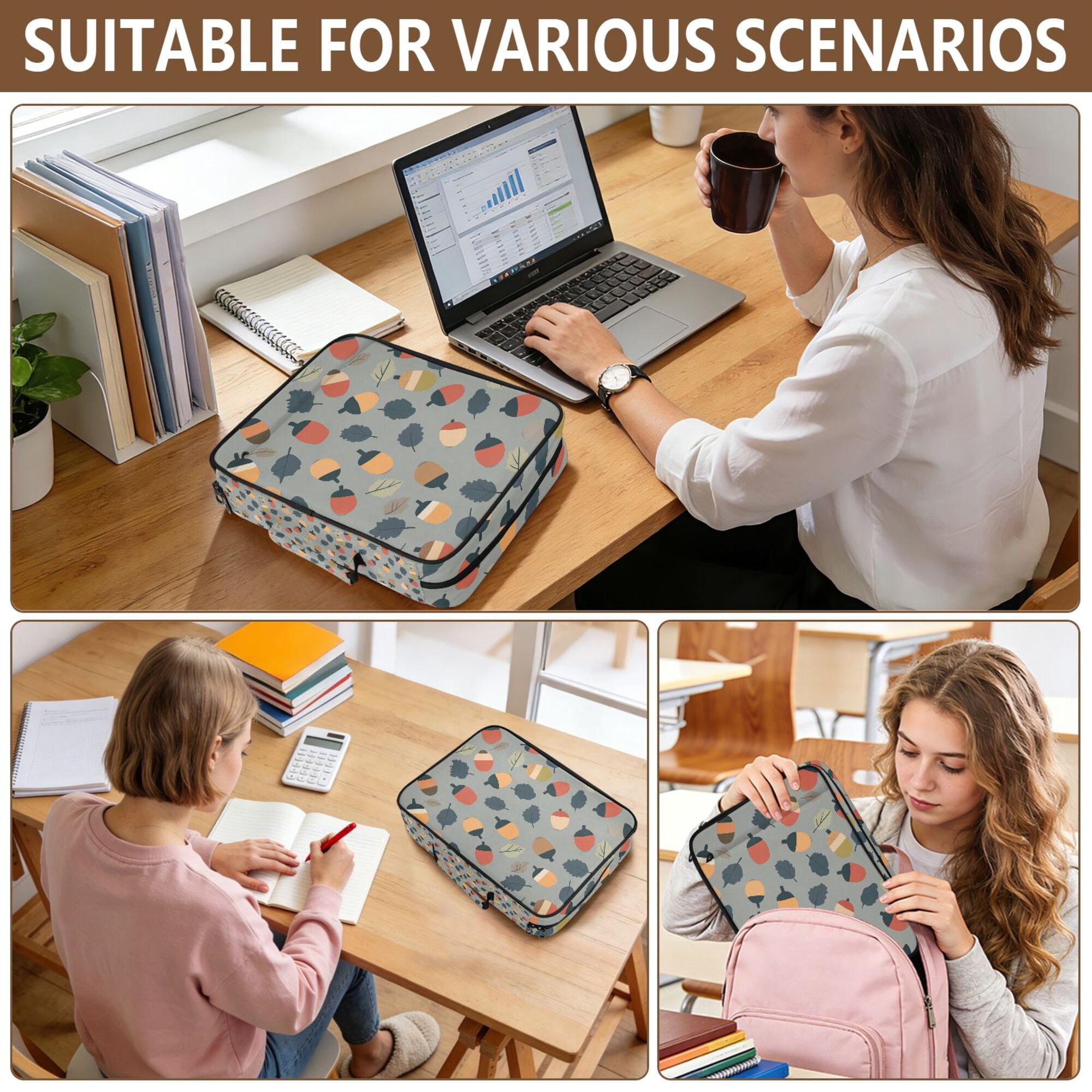 FORMRS Accordion File Folder A4 Size 7-Pocket Expanding Document Organizer Bag with 3 Ring Binder, Gray Acorns Pattern