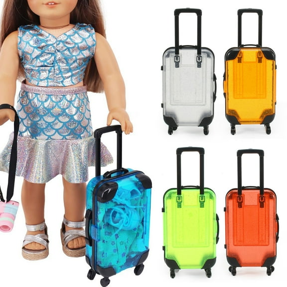 Sioweci Kids Mini Luggage Toy with Retractable Handle Large Capacity Transparent 4 Spinner Wheels Cosmetics Snacks Storage Doll Travel Rolling Suitcase Blue
