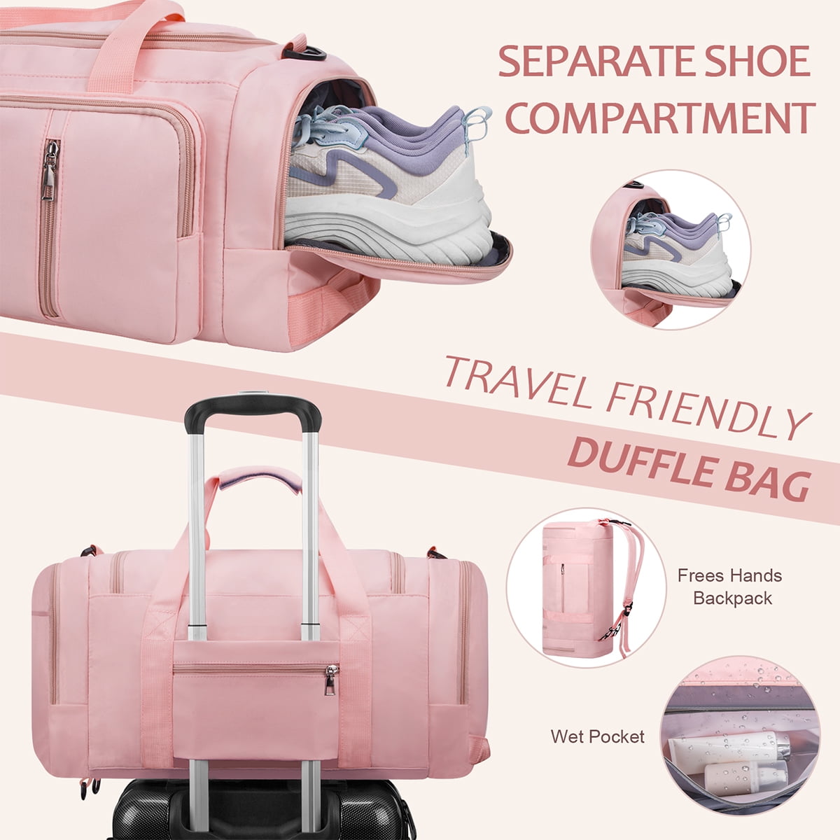 XUEYU Gym Duffle Bag Backpack Waterproof Sports Duffel Bags Travel Weekender Bag for Men Women Overnight Bag with Shoes Compartment Pink