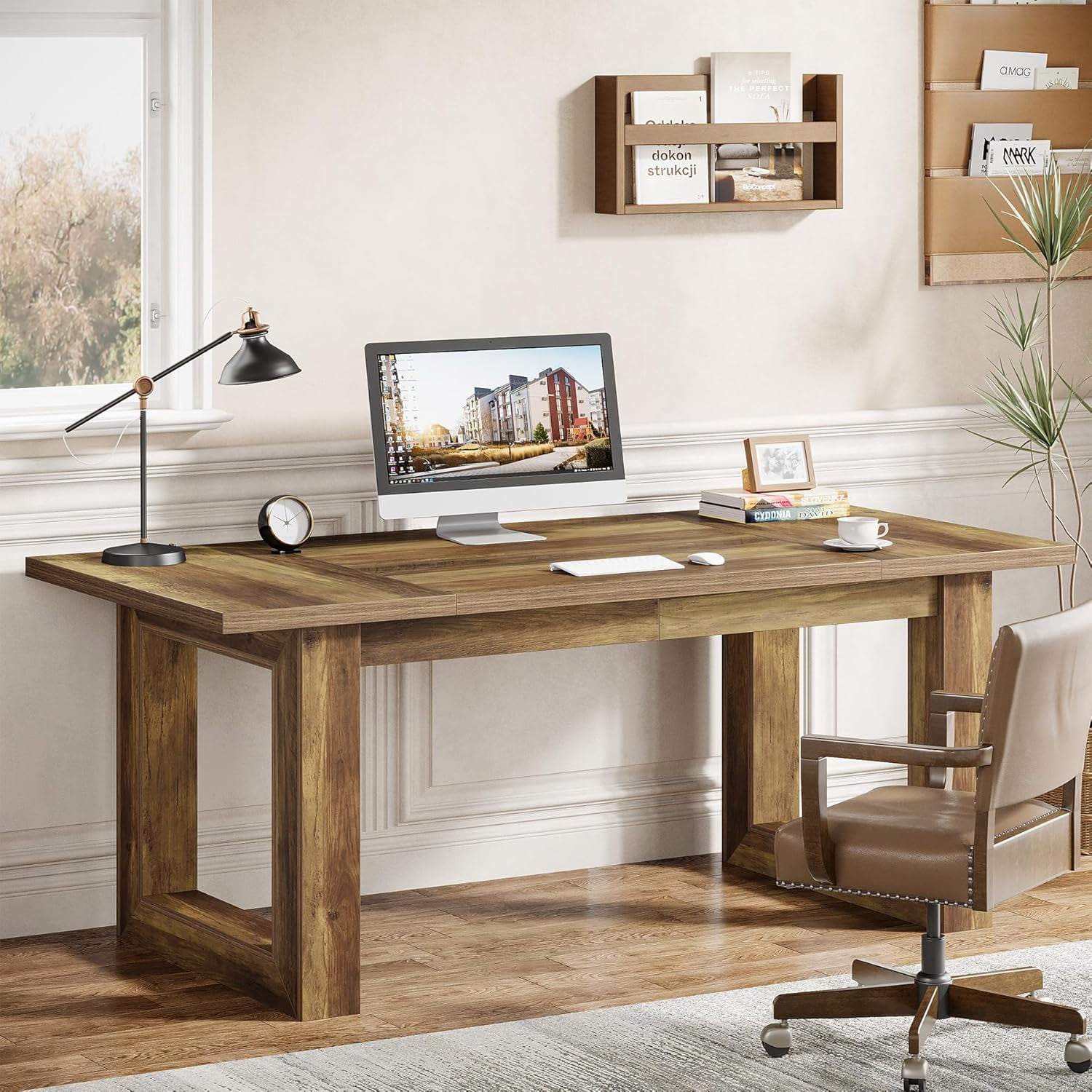 Tribesigns 63-Inch Executive Computer Desk, Large Home Office Desk, Industrial Writing Table with Solid Wooden Base, Workstation Work Desk, Rustic Brown