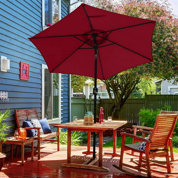 LAUREL CANYON 7.5ft Patio Umbrella Striped Outdoor Umbrella Market Table Umbrellas with Push Button Tilt, Crank and 6 Sturdy Ribs for Lawn, Garden, Deck, Backyard & Pool, Red
