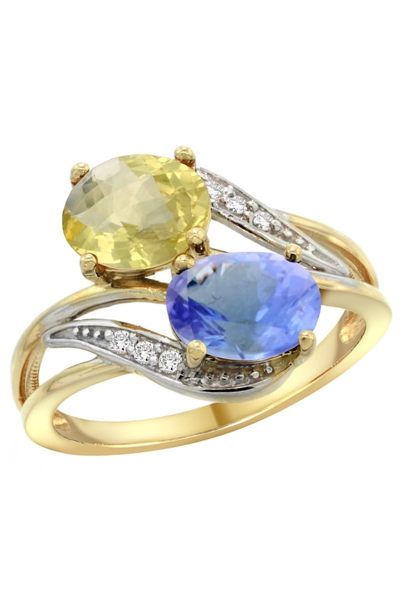 14K Yellow Gold Diamond Natural Lemon Quartz & Tanzanite 2-stone Ring Oval 8x6mm, size 7.5