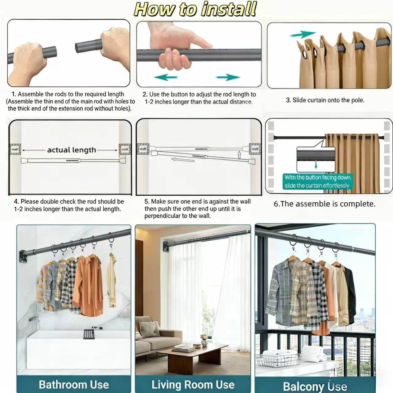 No Drill Tension Rod - Extra Long Room Divider 43-102inch, Adjustable Spring Shower Curtain Rod for Closet/Balcony, Non-slip Telescopic Pole (Gray)