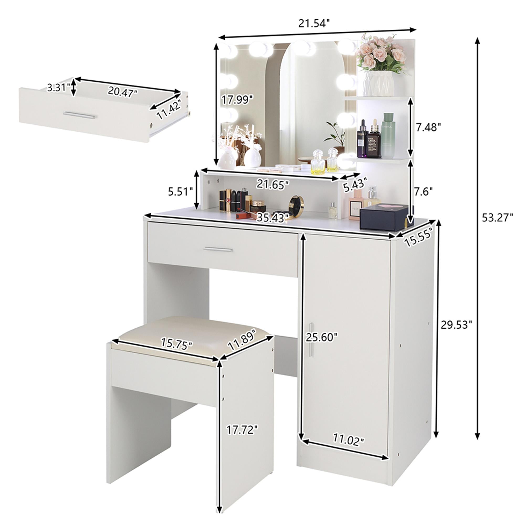 Kadyn Large Vanity Desk Set with 10 LED Bulbs, Makeup Dressing Table with Cushioned Stool for Women, Girls, Bedroom, White Kadyn Large Vanity Desk Set with 10 LED Bulbs, Makeup Dressing Table with Cushioned Stool for Women, Girls, Bedroom, White