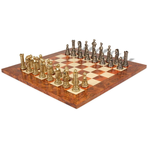 Roman Emperor Bust Theme Metal Chess Set with Elm Burl Chess Board