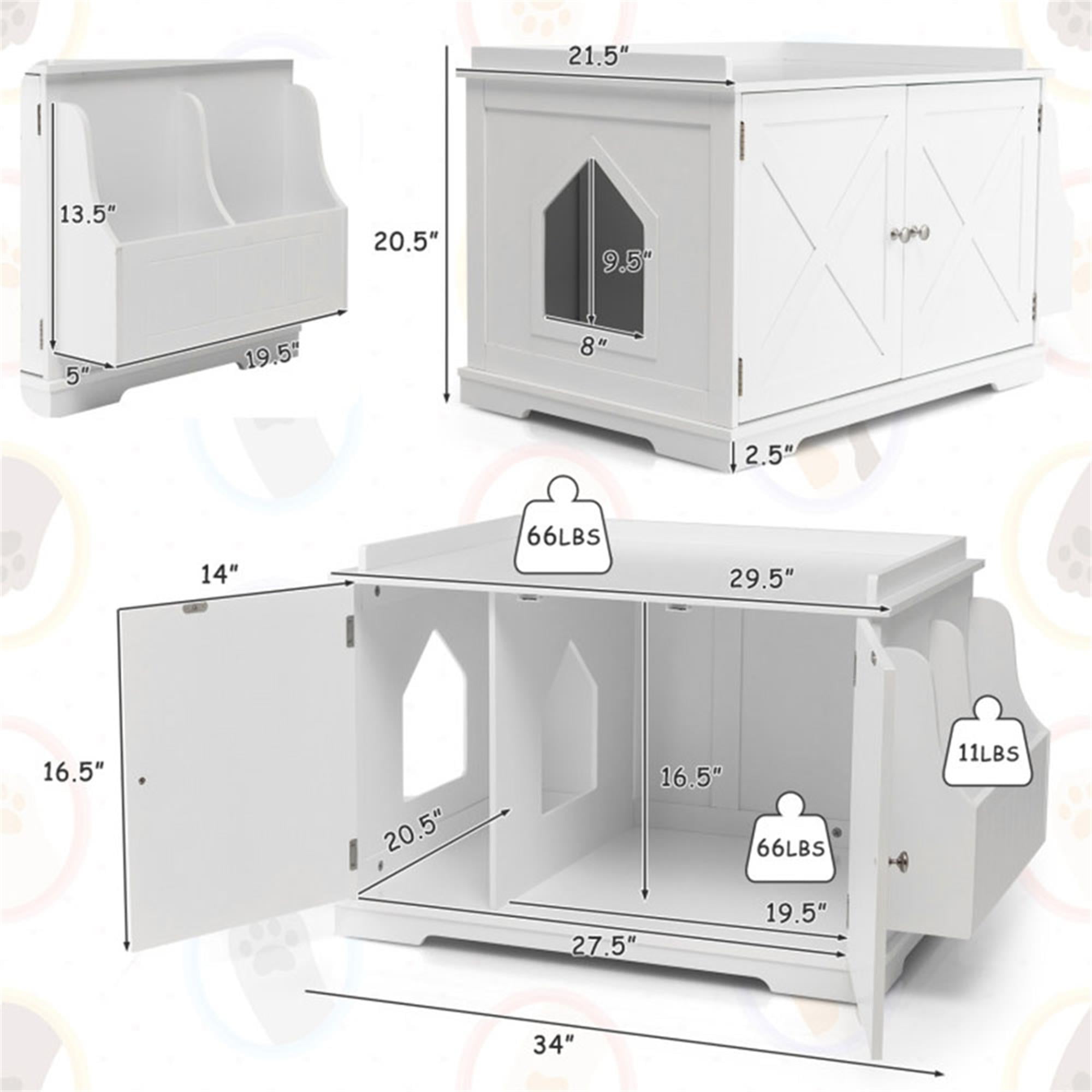 Kadyn 34" Large Enclosed Cat Litter Box Enclosure, Wood Hidden Cat Washroom, Cat House with Magazine Rack, White