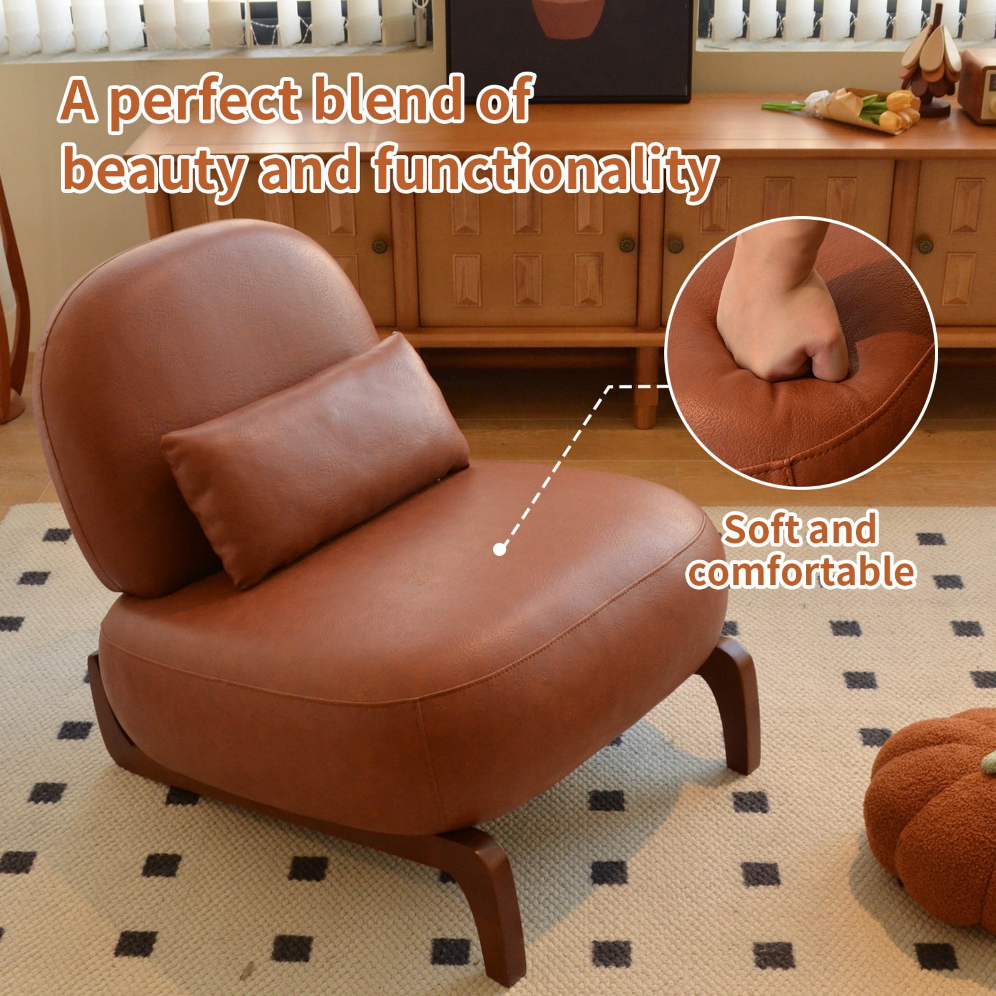 BSHTI 28.4" Faux Leather Upholstered Accent Chair with Pillow, Comfy Armless Design, Wood Legs for Living Room(Brown)