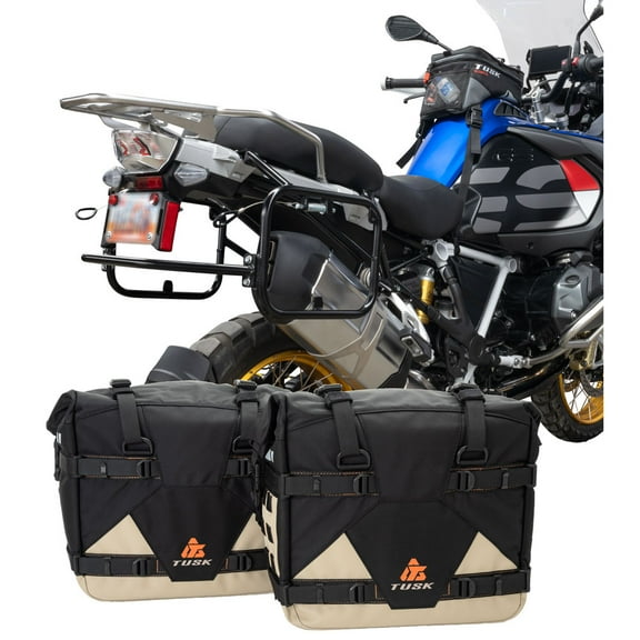 Tusk Pannier Racks with Tusk Pilot Pannier Bags and Bottle Holders Black/Tan w/ Black Racks For BMW R1250GS Adventure 2020-2024