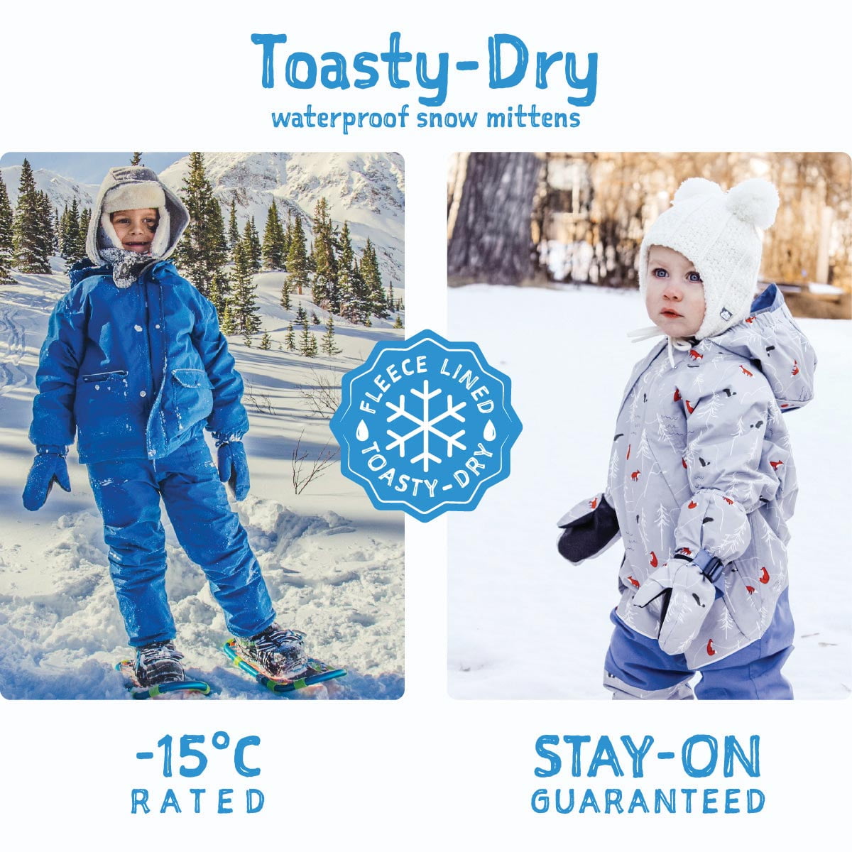 Waterproof Stay-on Winter Snow and Ski Mittens Fleece-Lined for Baby Toddler Girls and Boys