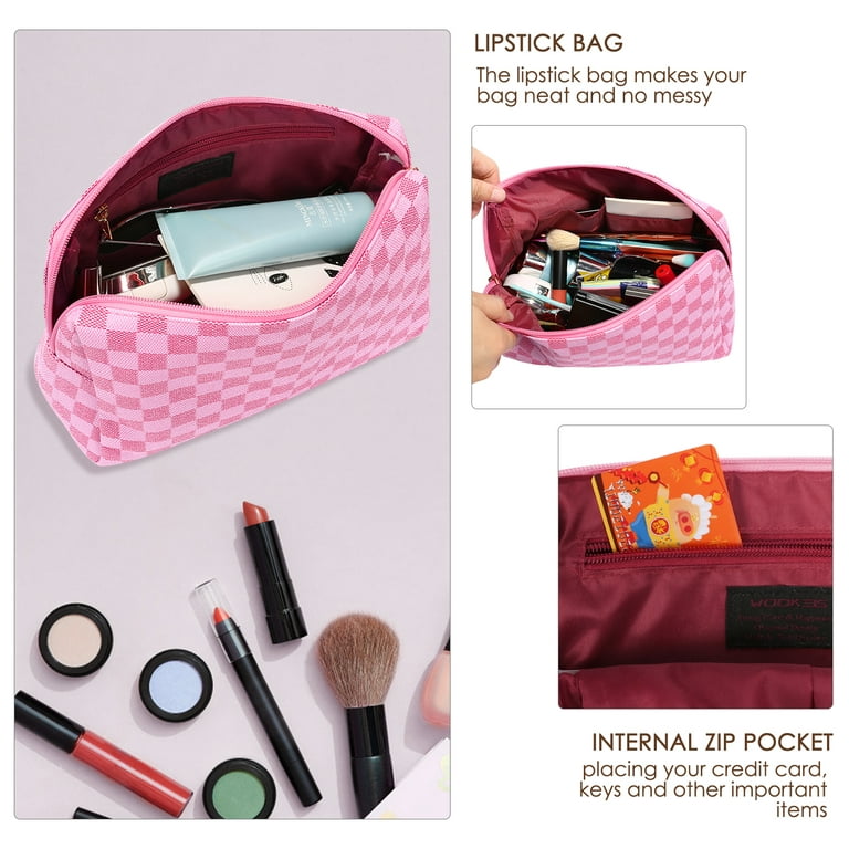 Checkered Travel Makeup Bag, Vegan Leather Large Retro Cosmetic