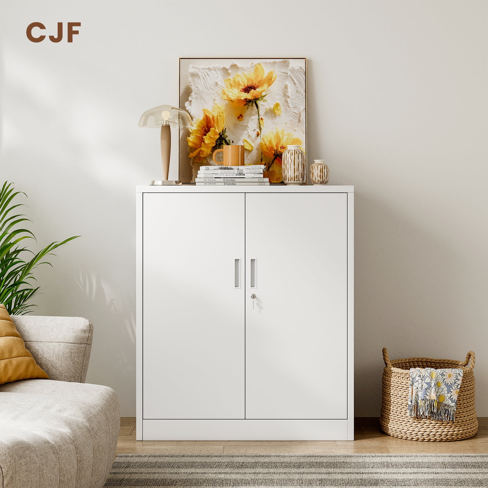 CJF Garage Cabinet, Metal Storage Cabinet with Doors and Shelves, for Home Office, Garage and Utility Room, White