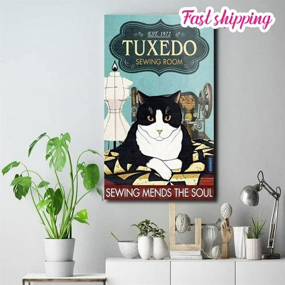Photo Lovers Tuxedo Cat Sewing Vintage Home Poster Wall Art Vertical 11 x 17 Inch Poster