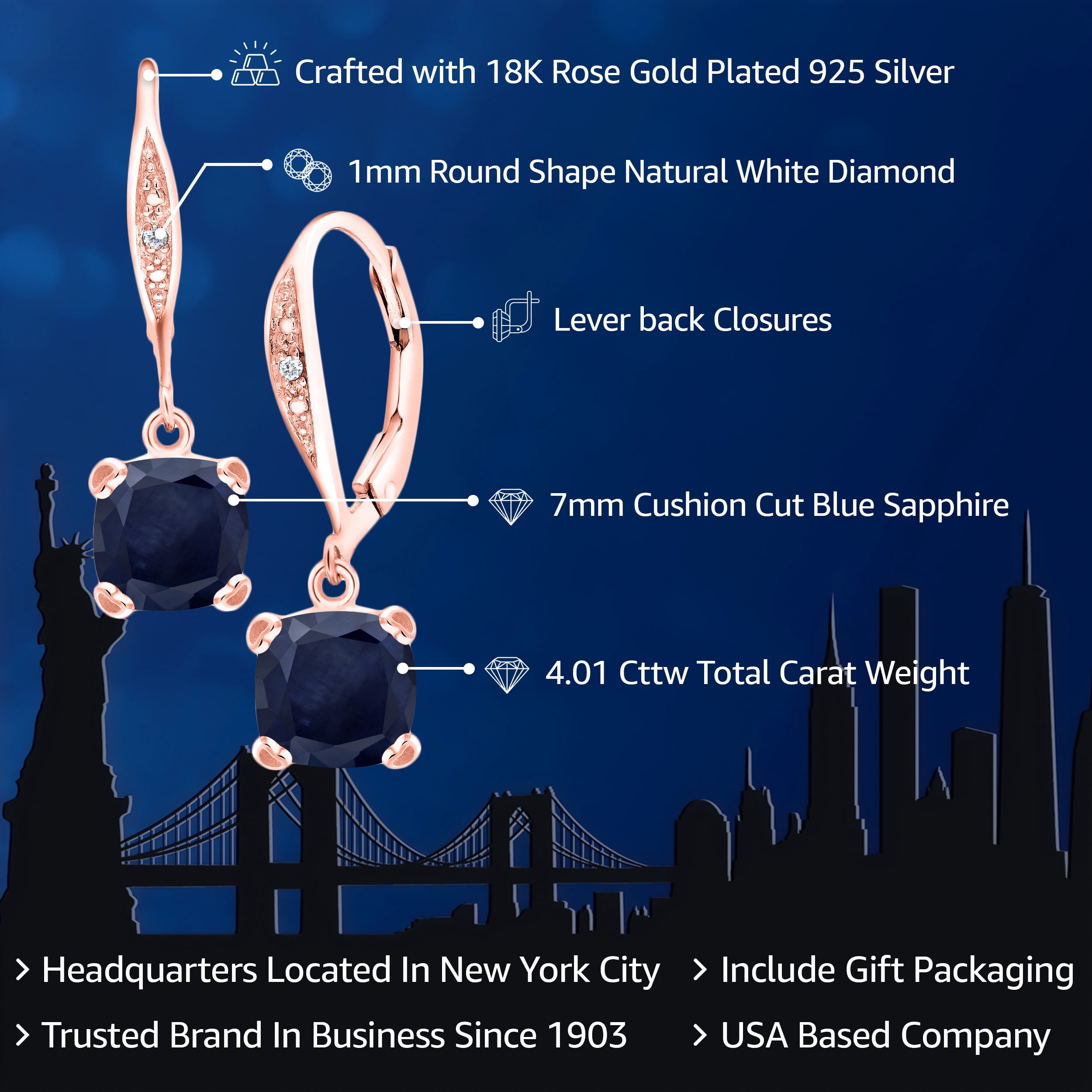 Gem Stone King 18K Rose Gold Plated Silver Blue Sapphire and White Diamond Earrings for Women (4.01 Cttw, Gemstone September Birthstone, Cushion 7MM)