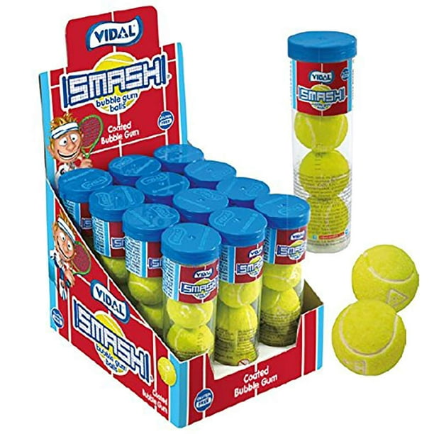 Vidal Smash Tennis Ball Sour Bubble Gum, 12 Tubes, (4) Gumballs in each