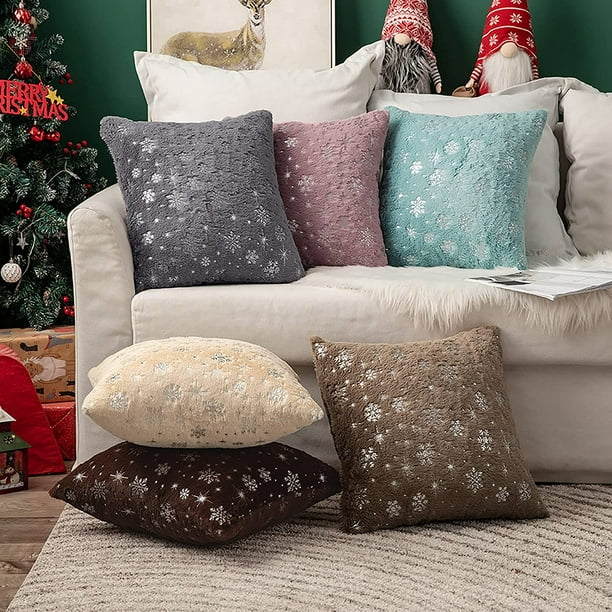 HTOOQ Set of 2 Decorative Throw Pillow Covers Soft Faux Fur Pillow Cases  Covers with Silver Snowflake Glitter Cute Cushions for Christmas Couch Sofa  Bed Girls Room, 18 X 18 Inch, Aqua