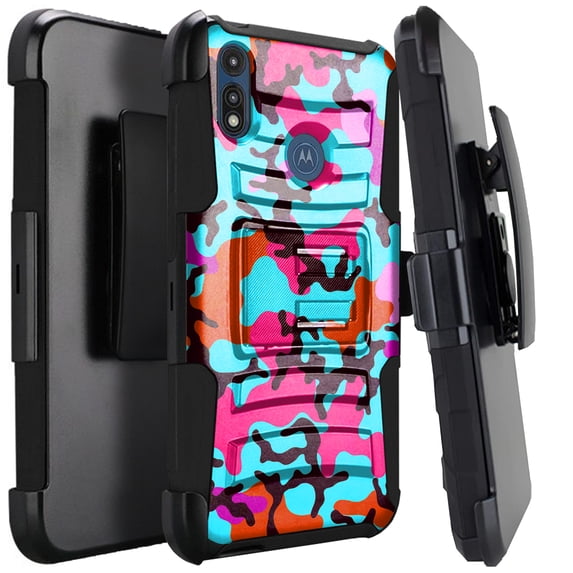 DALUX Hybrid Kickstand Holster Phone Case Compatible with Motorola Moto E (2020) - Teal Stylish Camo
