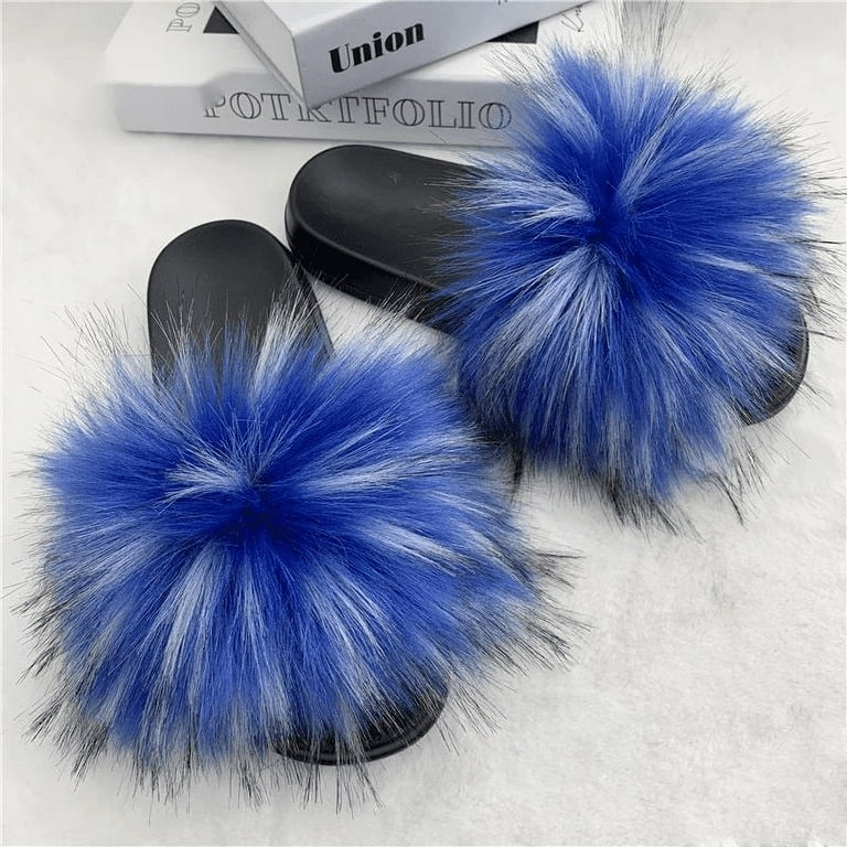 Flip Flops Blue Fur Sliders Navy Blue Fur Slides Navy Blue Fur