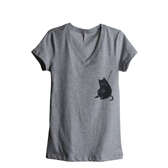 Thread Tank Sleepy Cat Women's Relaxed V-Neck T-Shirt Tee Heather Grey Small