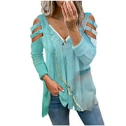 CZHJS Women's Comfy Lightweight Pullover For Fall Casual Loose Tie Dye Floral Printing Tops Fashion Vintage Clothing Trendy Work Cutout Long Sleeve Shirts Flowy Tunic Zipper V Neck Light Blue XXL