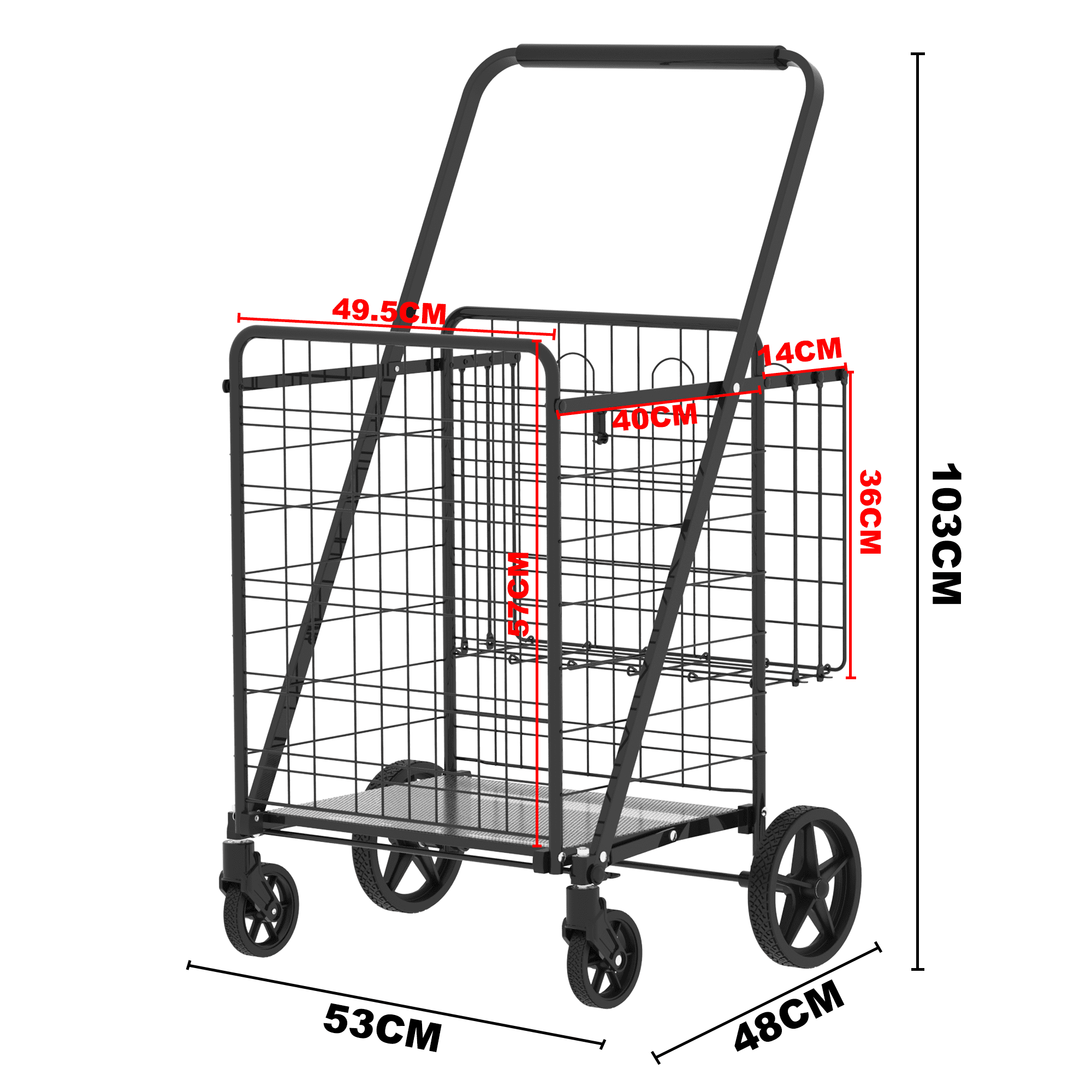 Yoneston Large Folding Shopping Cart with Double Basket, Supports up to 300 lbs, Heavy Duty Grocery Cart with Waterproof Oxford Cloth Lining for Shopping, Grocery, Outdoor, Black