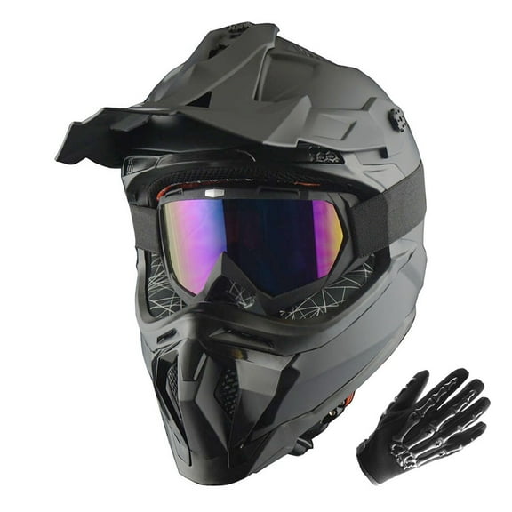 1Storm Adult Motocross Helmet ATV Dirt Bike BMX MX Downhill Mountain Helmet Track Style JH601; Matt Black Goggles Skeleton Black Glove Bundle
