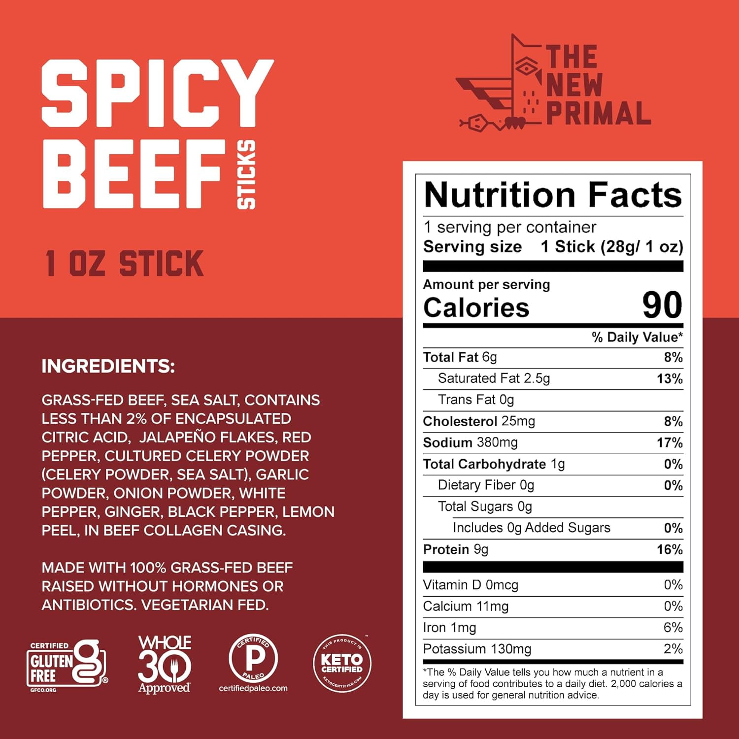 Pack of 20, The New Primal Spicy Beef Meat Sticks, 1 oz