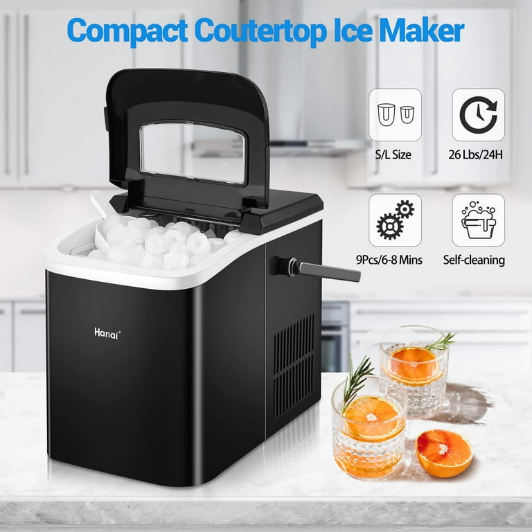 WANAI Portable Ice Maker,26.5 lbs/24H,2 Sizes,Self-Cleaning Ice Machine  with Ice Scoop and Basket,9 Cubes Ready in 8 Mins
