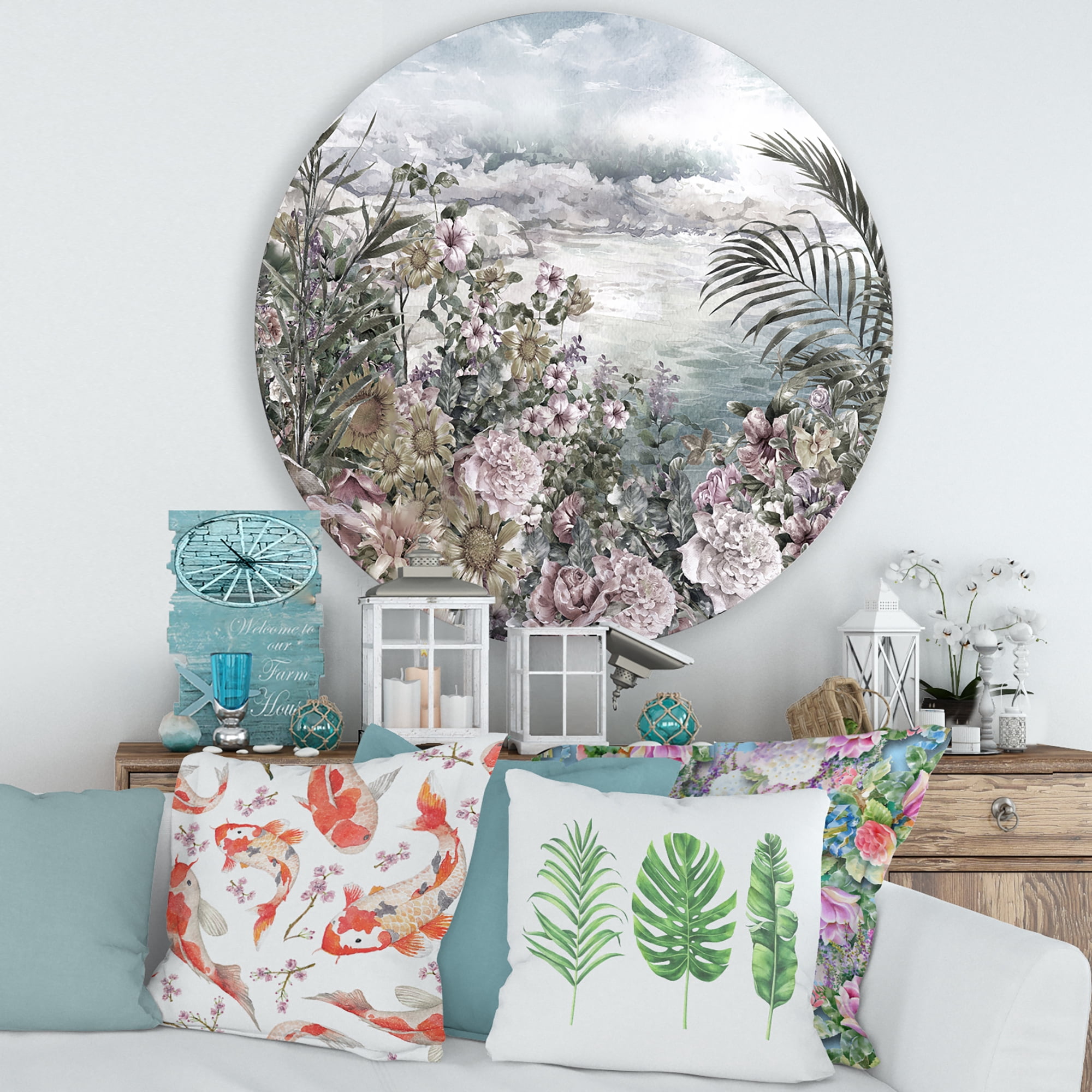 Designart 'Abstract Retro Flowers By The Sea Side' Vintage Circle Metal Wall Art 29x29 - Disc of 29