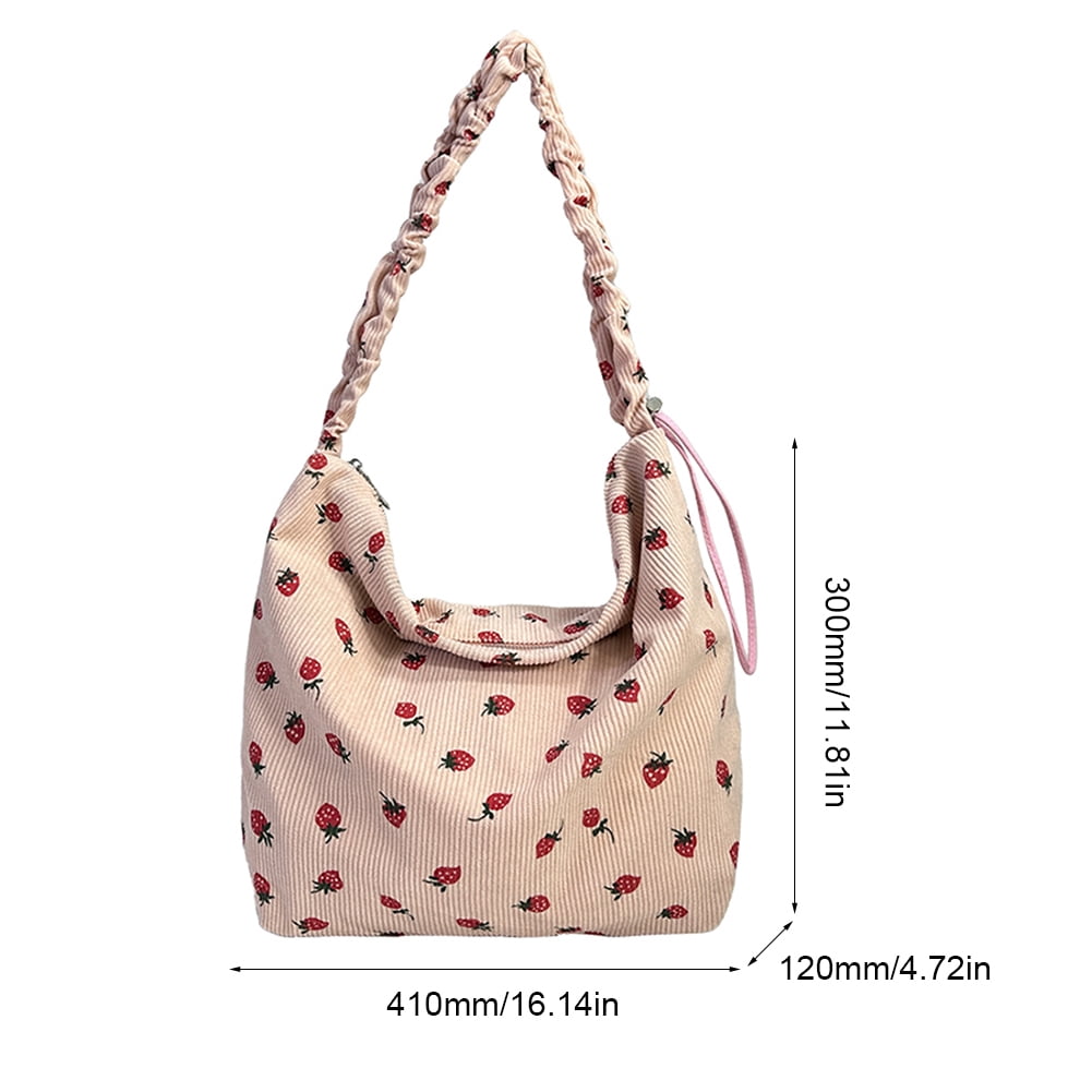 ★EMS★ CORDUROY DAILY LONG HOBO BAGPINK Women Strawberry Printed Shoulder Bag Corduroy Female Travel