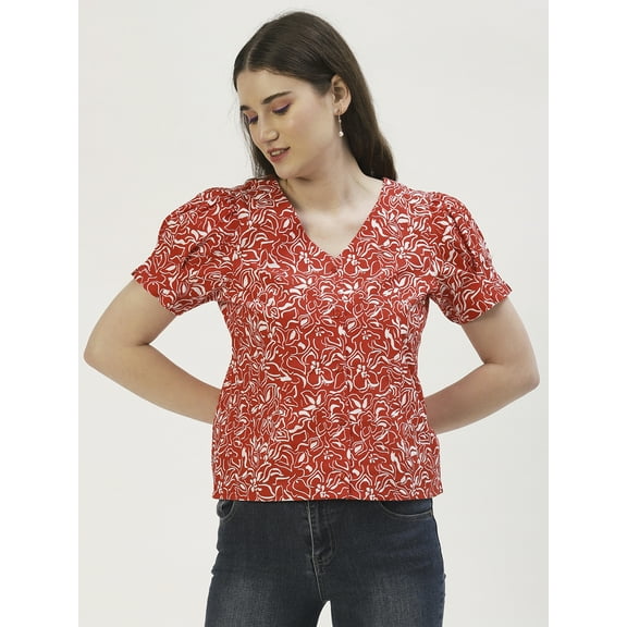 DressBerry Women's Printed Cotton Poplin Short Puffed Sleeves Blouse Buttoned Closure V Neck Lightweighted Casual Summer Wear Waist Length Regular Top