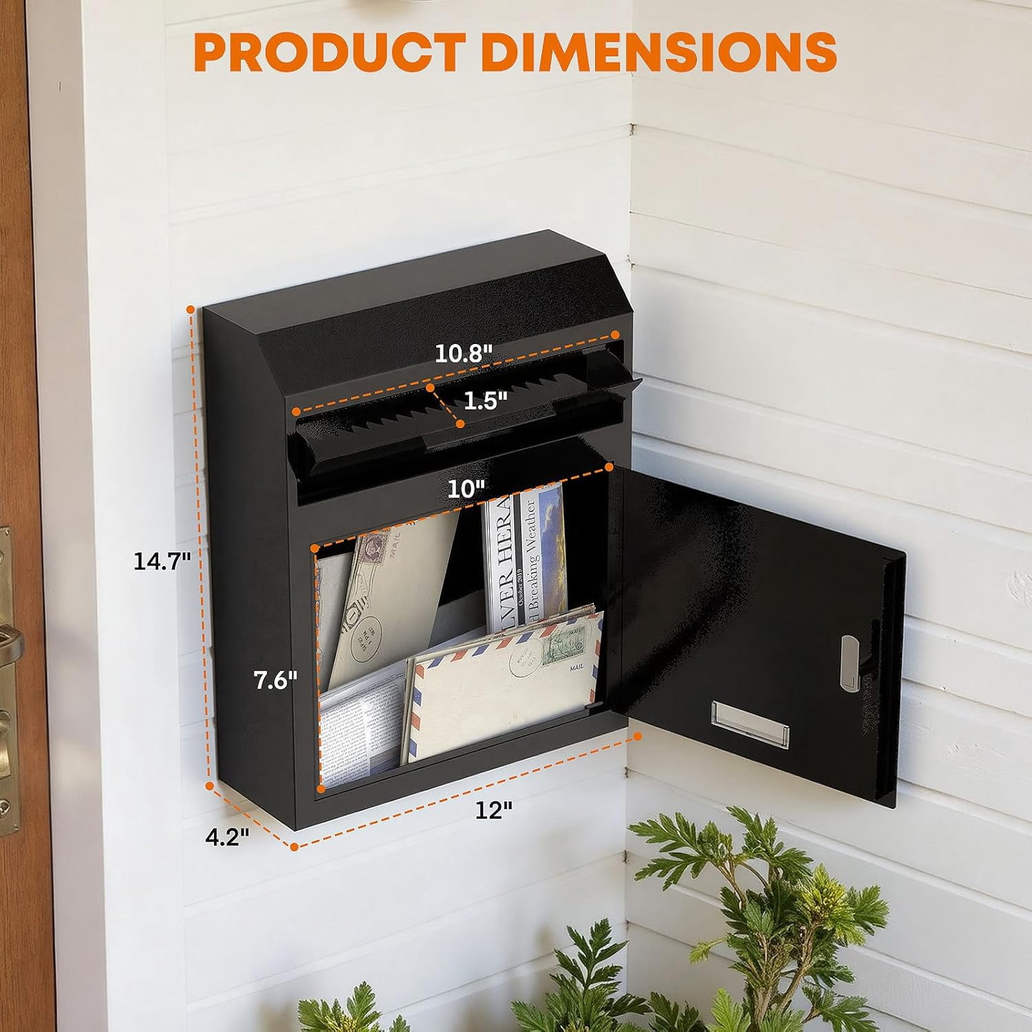 Metateel Wall Mounted Locking Mailbox – Heavy Duty Key Drop Box with Anti-Theft Design for Rents Cash Mails Deposits Checks Envelopes – 12"W x 4.25"D x 14.75"H (Black)