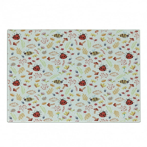 Bee Cutting Board, Autumn Themed Doodle Pattern with Bugs Plants Herbs Flower Mushroom in the Forest, Decorative Tempered Glass Cutting and Serving Board, Small Size, Multicolor, by Ambesonne
