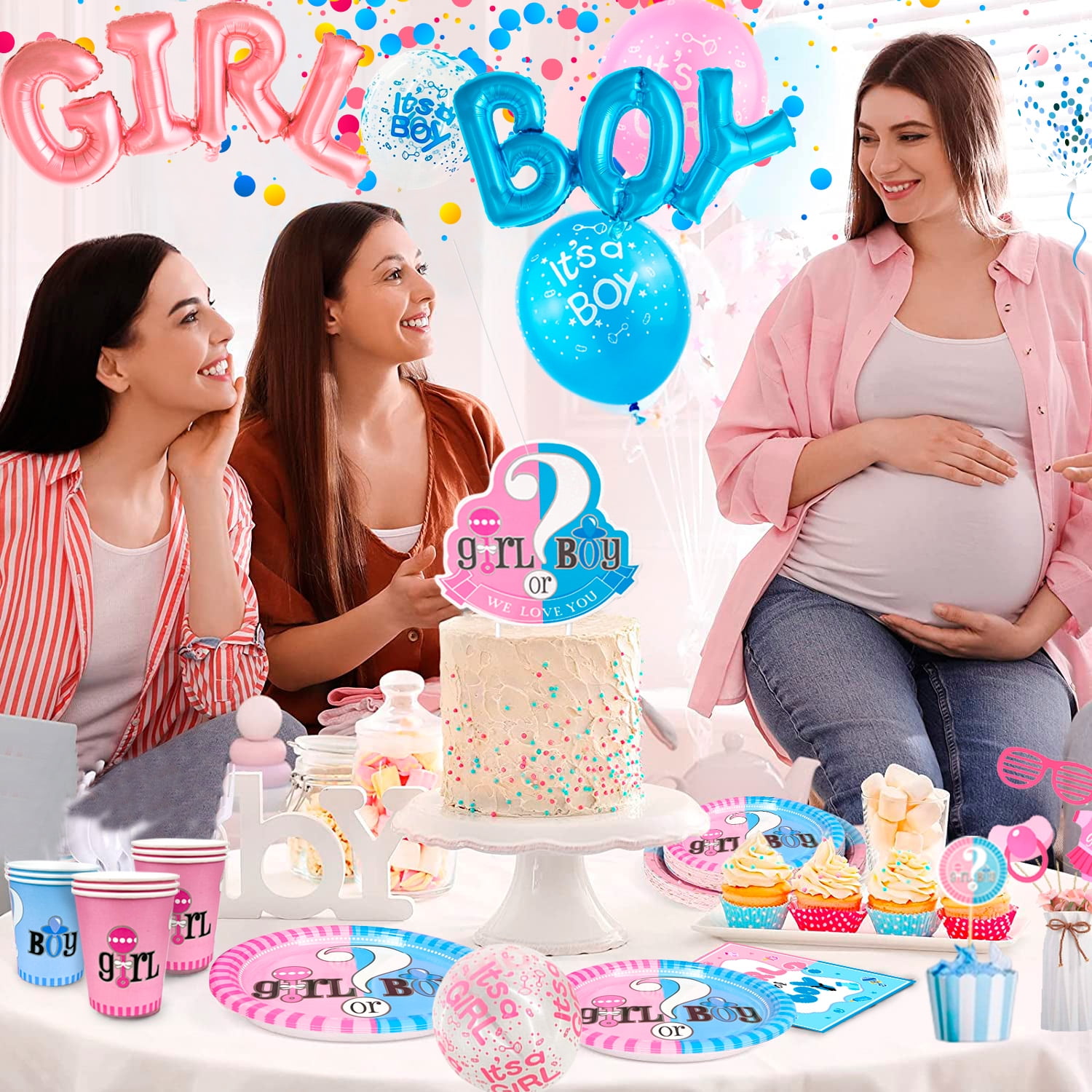 118PCS Baby Gender Reveal Party Supplies Gender Reveal Balloons Boy or Girl Banner, Mommy To Be Sash Baby Gender Reveal DecorationsDecorations Balloons Tablecloth Pennant Cutlery Set & Cupcake Topper
