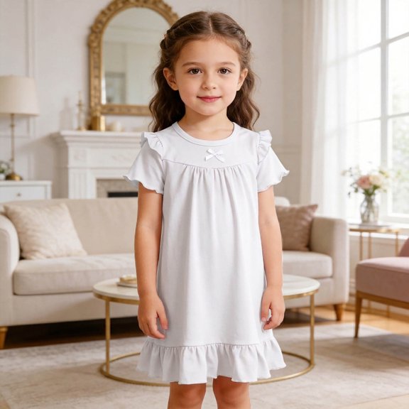 FYDUU Girls Nightgowns Ruffle Nightdress Short Sleeve Sleepwear Soft Kids Pajamas Dress Comfy Nightgown Breathable Comfortable Sleep Dress Fashion Clothing