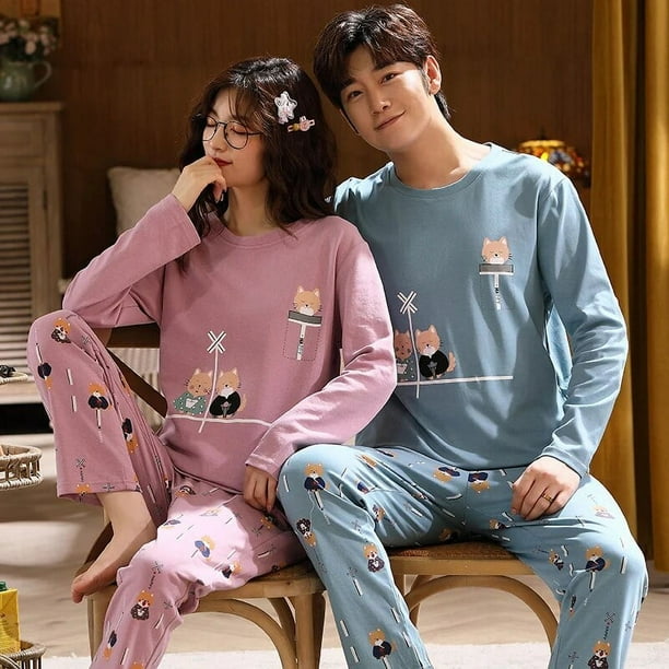 Conjunto de pijamas de dibujos animados para hombre y Mujer ropa de dormir de algodon para parejas Tops largos para dormir pantalones otono y primavera Walmart en linea