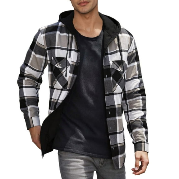 Men Shirts Casual Shirts Flannel Hooded Shirt Fall Winter Warmth Tee