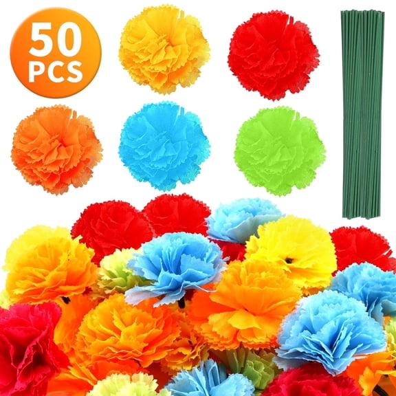 Faux Marigold Flower Heads with Stems 50 Pack for DIY Marigold Garland Home Wedding Party Diwali Decor (Colorful)