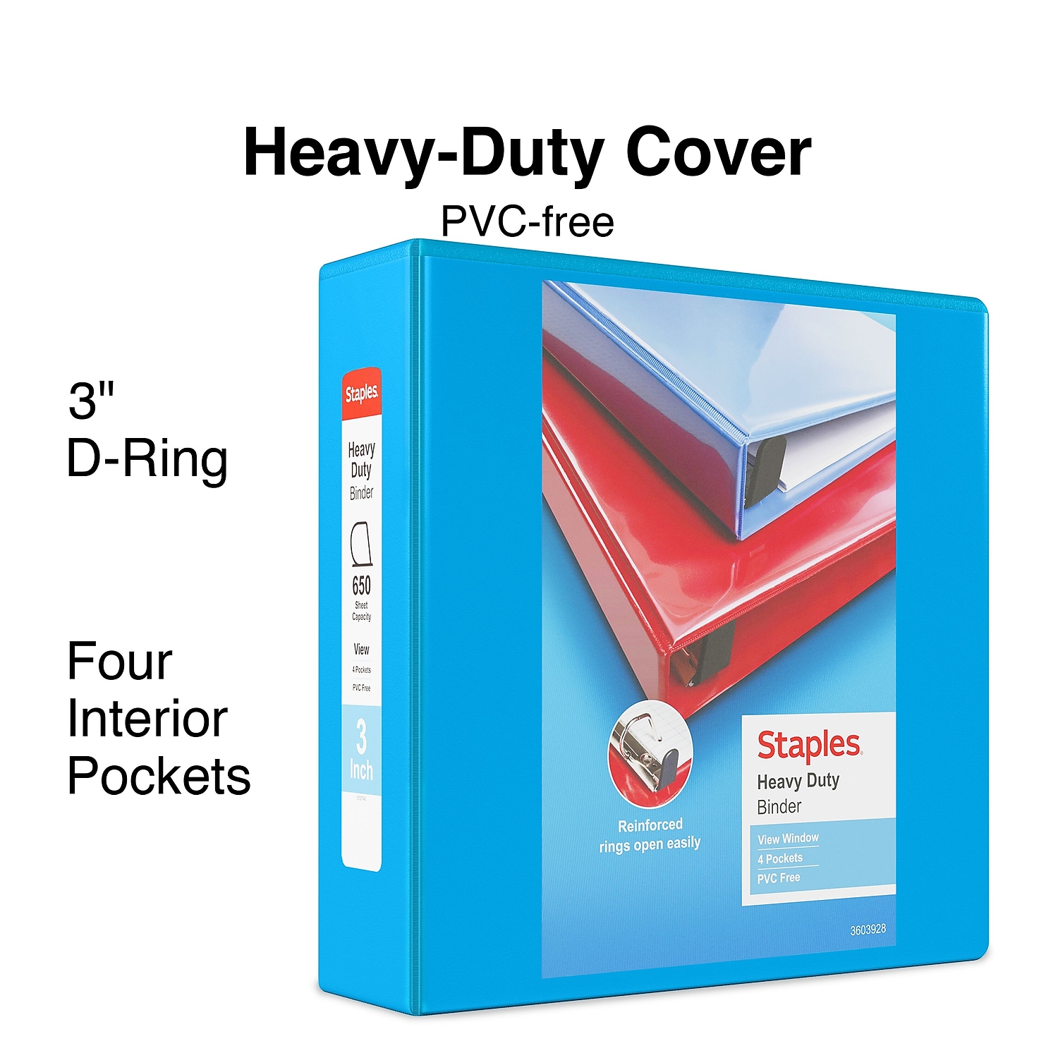 3" Staples Heavy-Duty View Binder with D-Rings Light Blue 976042