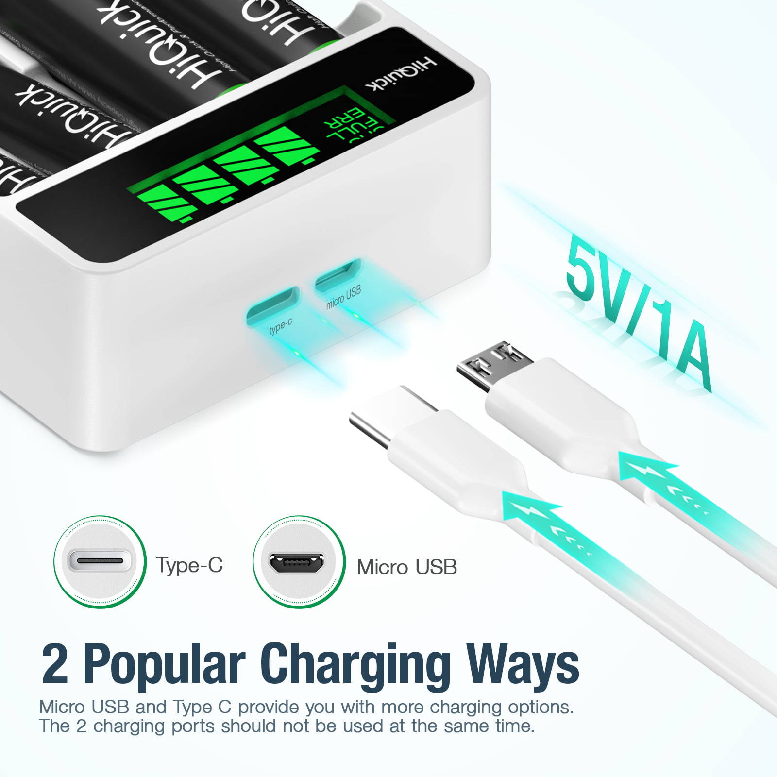HiQuick Rechargeable AA Battery Charger with LCD Display,Independent Slots Fast Charging-Micro USB &Type C Input,Practical Slots Design for AA,AAA Ni-MH Ni-CD Rechargeable Batteries Charger,4 Bay. 
