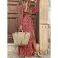 thumbnail image 4 of Vestido de mujer Estilo bohemio Ropa floral de manga larga Vestido largo con cuello en v de cintura alta para dama, Rojo, XL Vogacara AP003994-04, 4 of 5