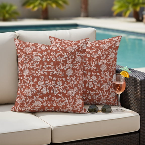 Botanical Rose Outdoor Pillow Covers 26x26 Inch Throw Pillow Covers Set of 2 Waterproof Decorative Pillow Cases Vintage Terracotta Orange Floral Leaf Farmhouse Cushion Covers for Patio Furniture