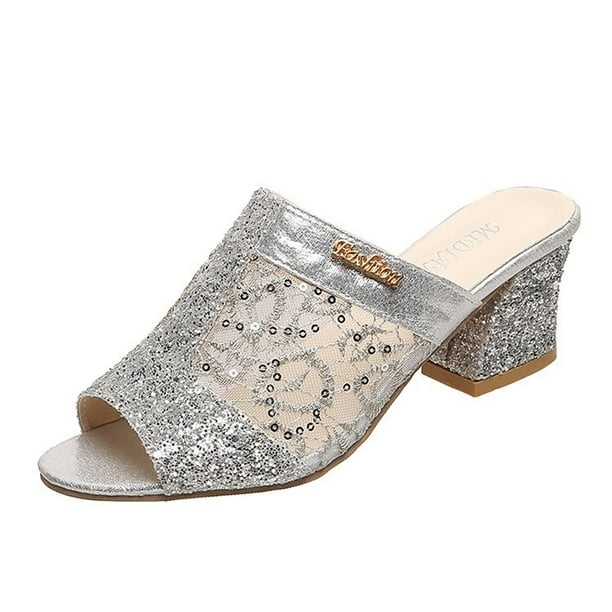 Sandalias 2022Nueva moda Color sólido Tacón cuadrado Punta abierta Tacón medio Tacones altos Zapatillas Zapatos de mujer y sandalias Zapatillas de mujer 41 Gao Jinjia LED