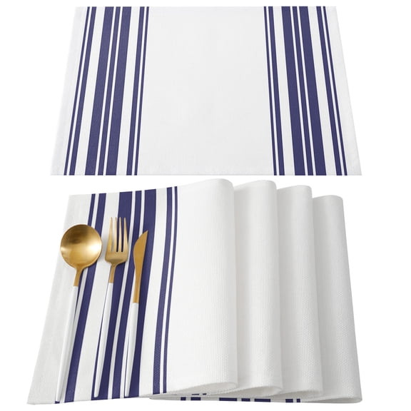 Navy Blue Striped Placemats Set of 4, Modern White Striped Abstract Art Aesthetics Placemats for Dining Table, Place Mats for Kitchen Tabletop, Waterproof Wipeable Dining Table Mats Set
