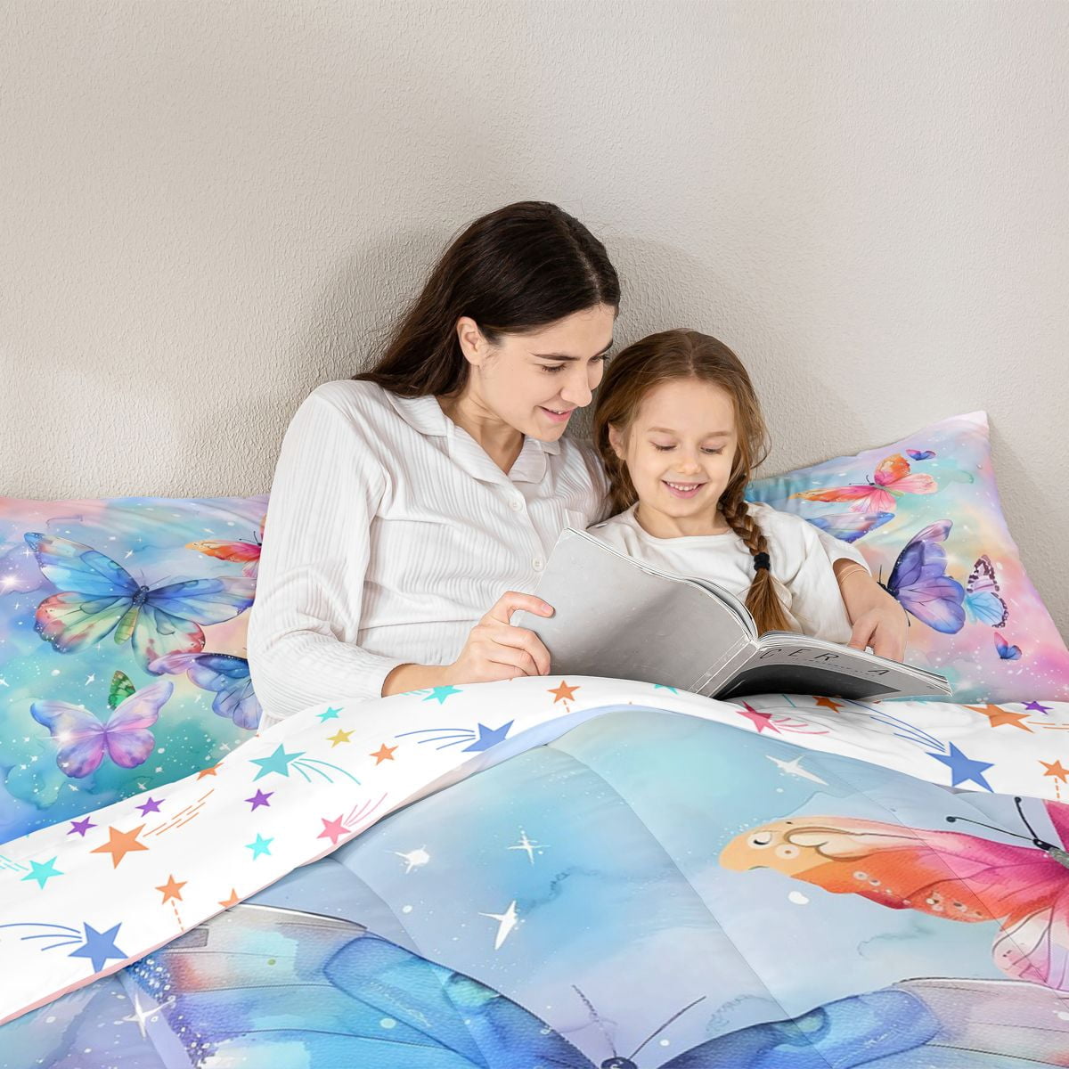 Homewish Watercolor Gradient Butterfly 7pcs Bedding Comforter Set,3D Colorful Butterflies Queen Bedding Sets,Blue Pink Ombre Queen Sheet Sets For Girls Teens,Luxury Bedroom Decor Reversible