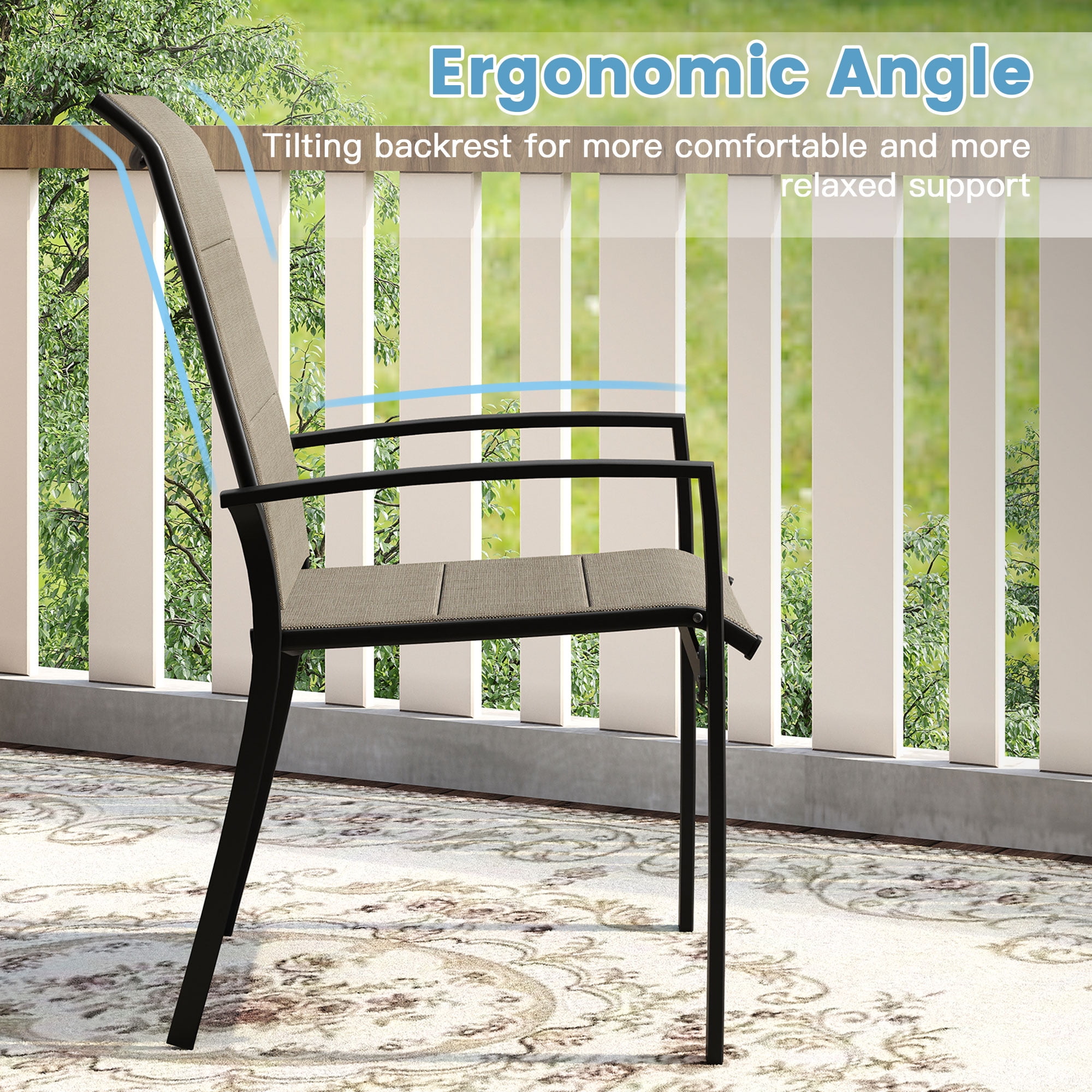 Vicllax Outdoor Patio Dining Chairs Stackable Padded Metal Frames with Textilene, Set of 6, Black