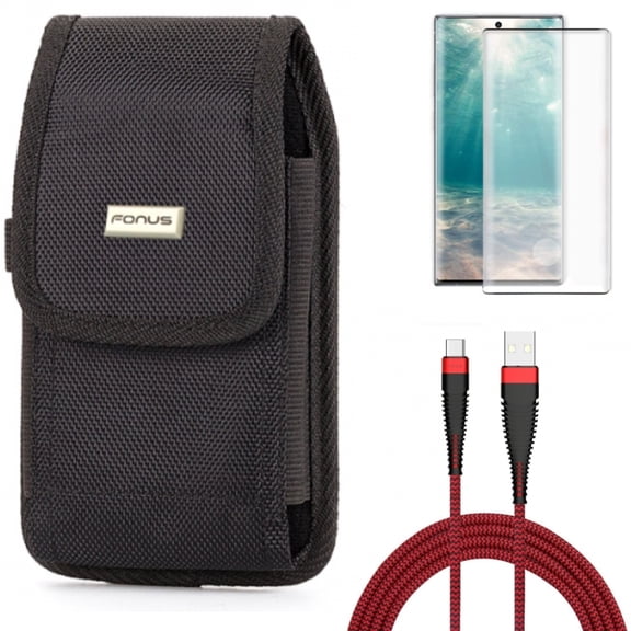 10ft USB Cable & Screen Protector & Case Belt Clip for Samsung Galaxy Note 20 (6.7") - Combo with Type-C Charger Cord & Tempered Glass (Fingerprint Unlock) & Swivel Holster